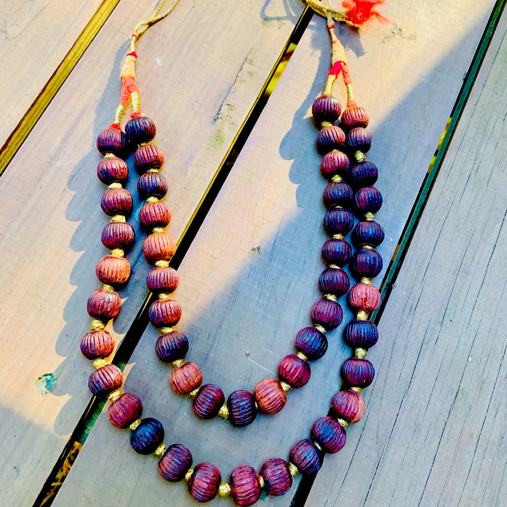 India Wooden beaded necklace with gold thread string